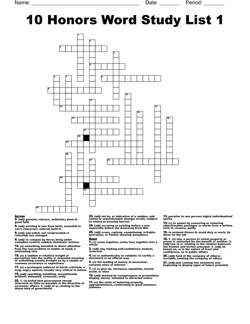 10 Honors Word Study List 1 Crossword WordMint