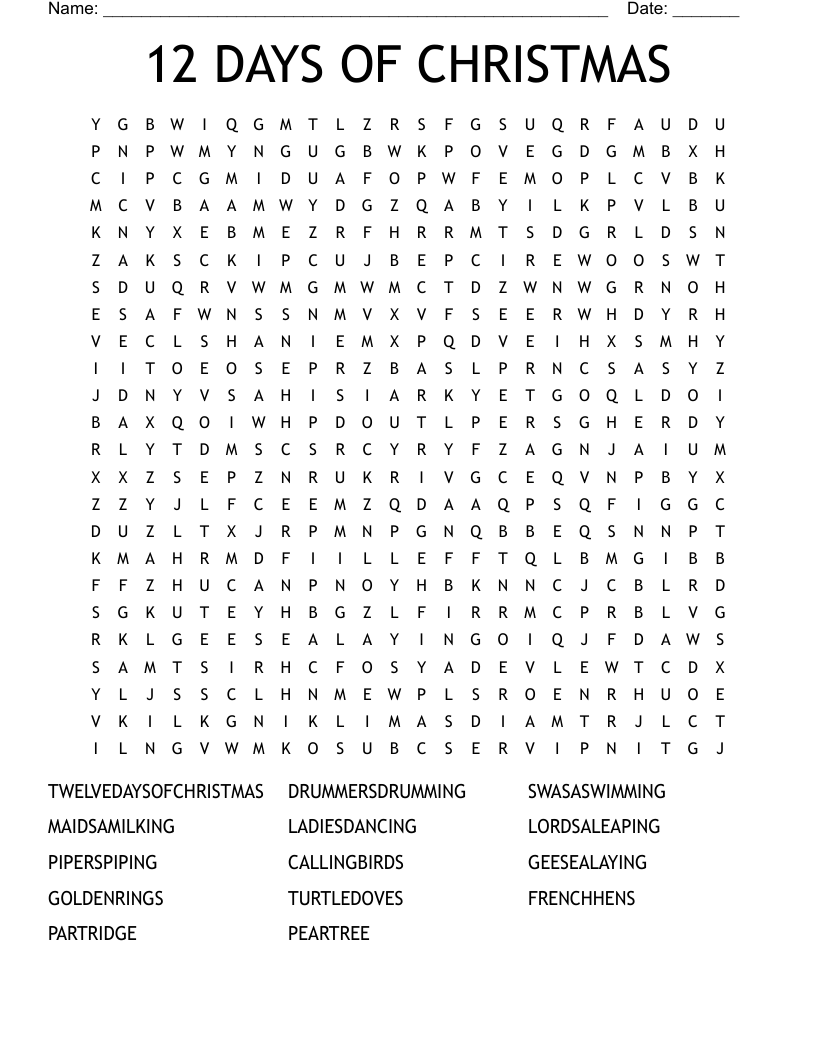12 DAYS OF CHRISTMAS Word Search WordMint