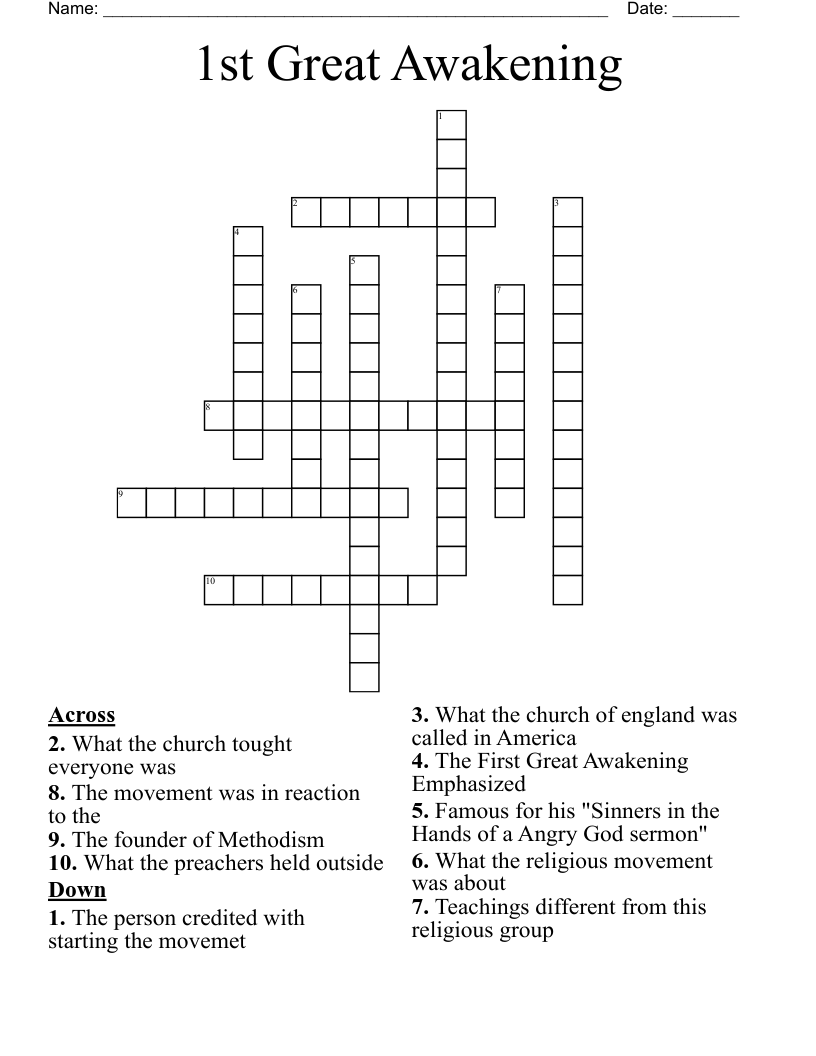 1st Great Awakening Crossword WordMint