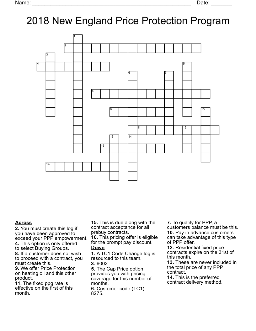 2018 New England Price Protection Program Crossword WordMint