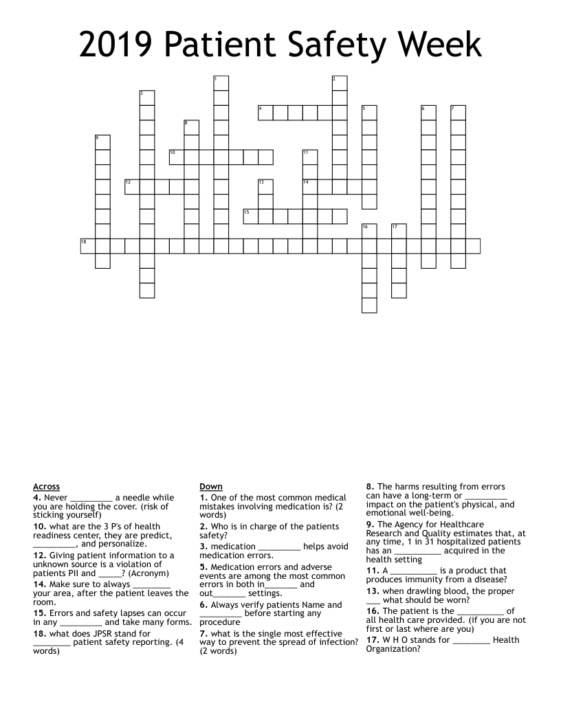 2019 Patient Safety Week Crossword - WordMint