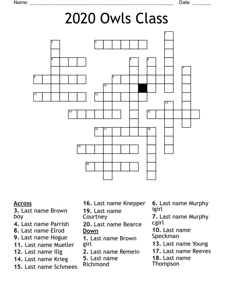2020 Owls Class Crossword WordMint