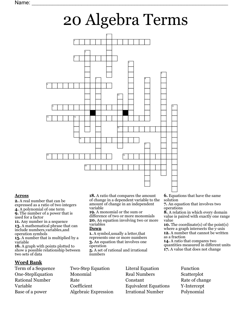 20 Algebra Terms Crossword - WordMint