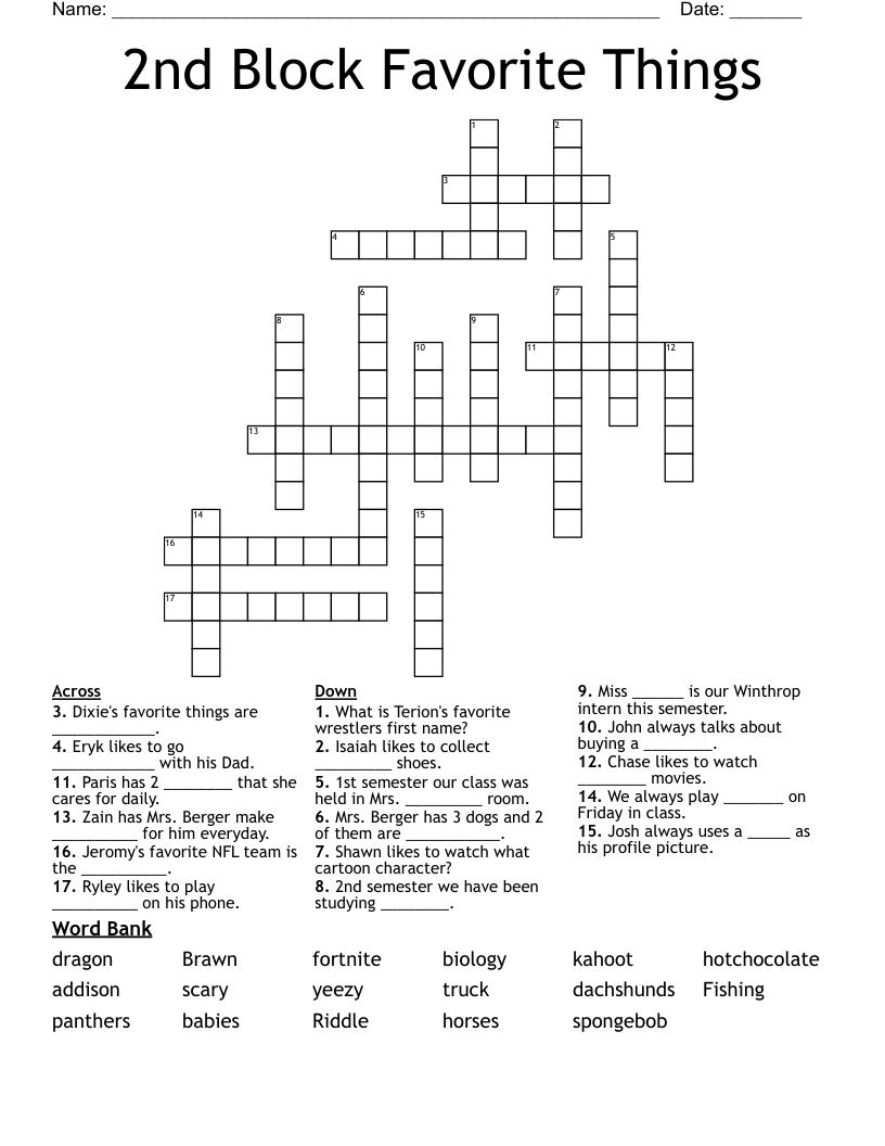 2nd Block Favorite Things Crossword WordMint