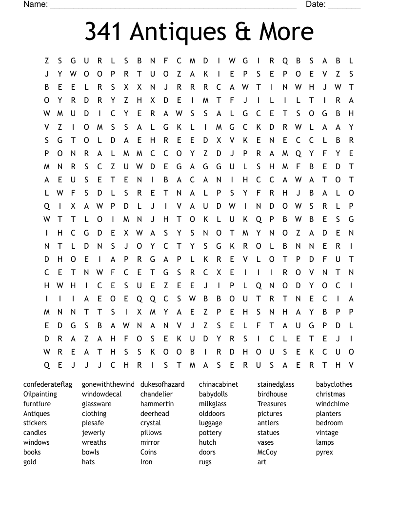 341 Antiques & More Word Search WordMint