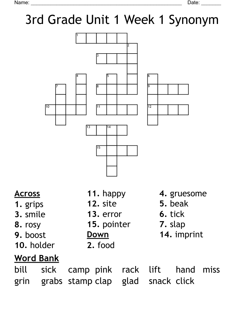 3rd Grade Unit 1 Week 1 Synonym Crossword WordMint