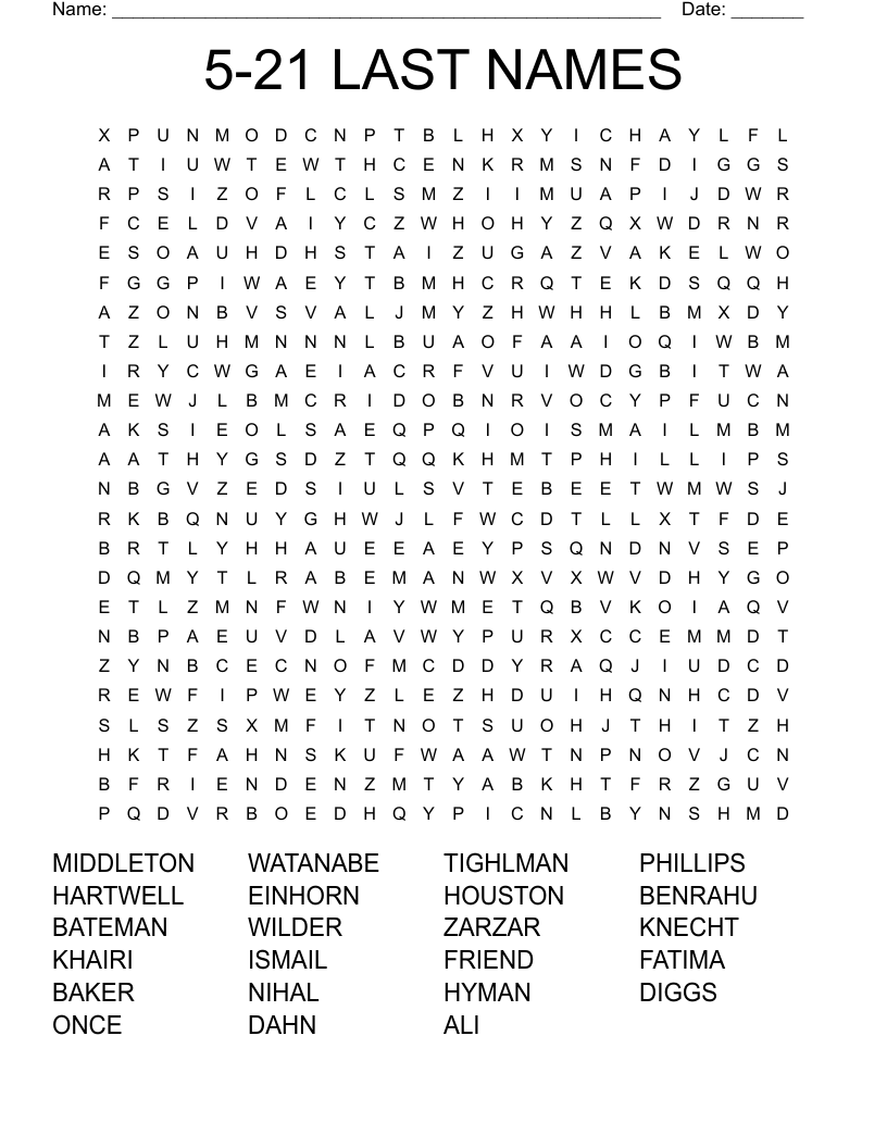 521 LAST NAMES Word Search WordMint