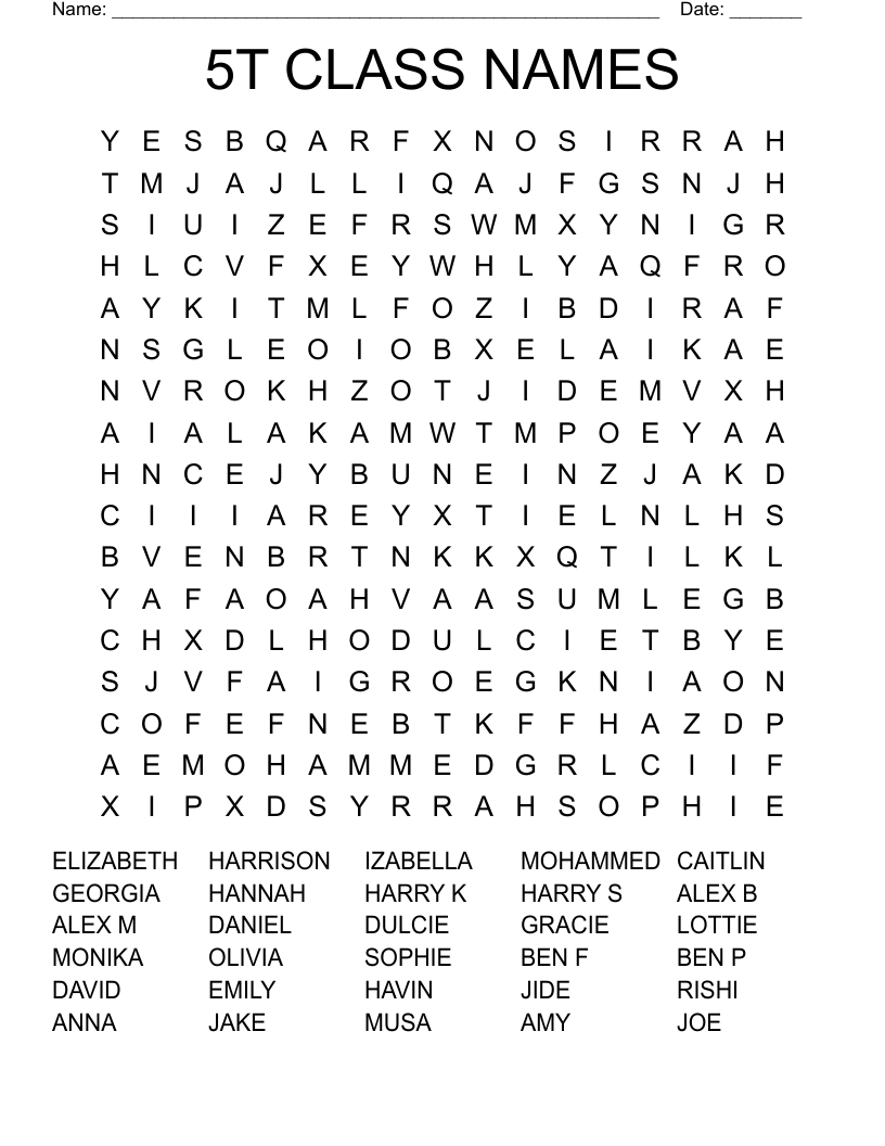 5T CLASS NAMES Word Search WordMint
