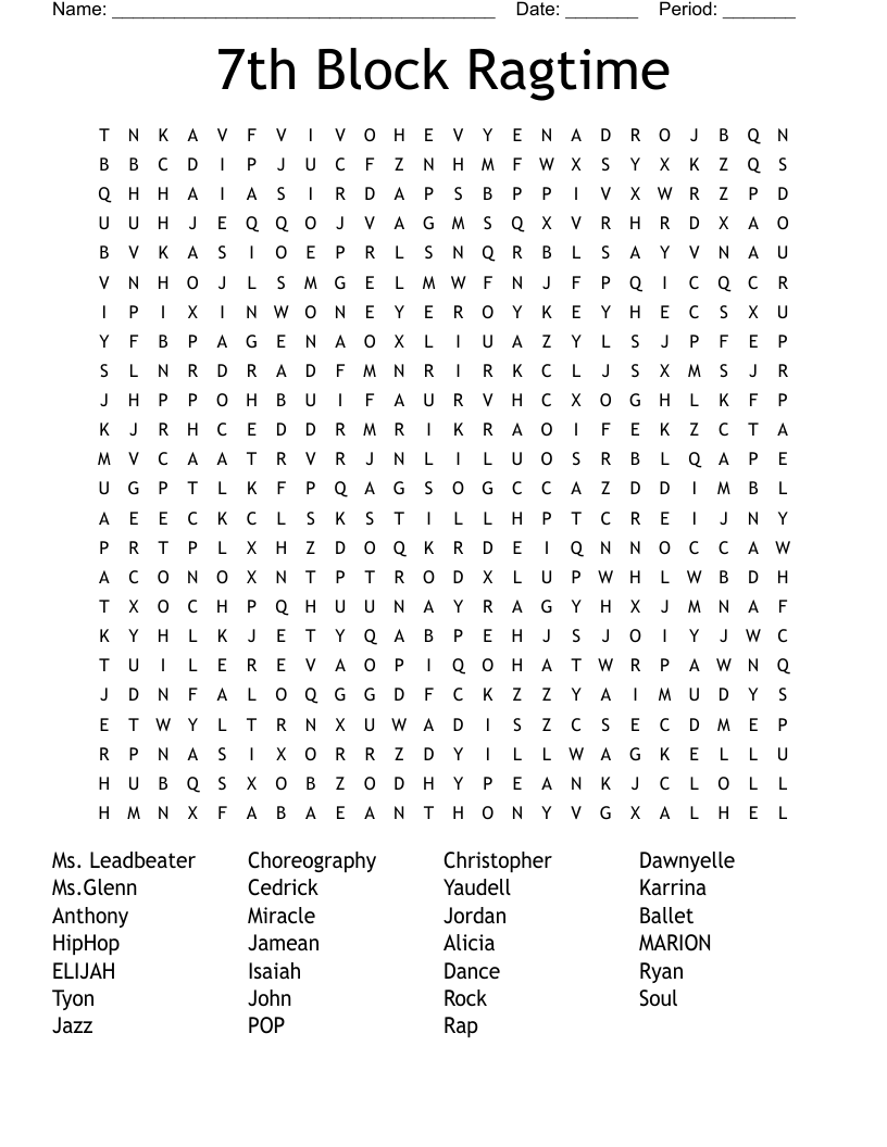 7th Block Ragtime Word Search WordMint