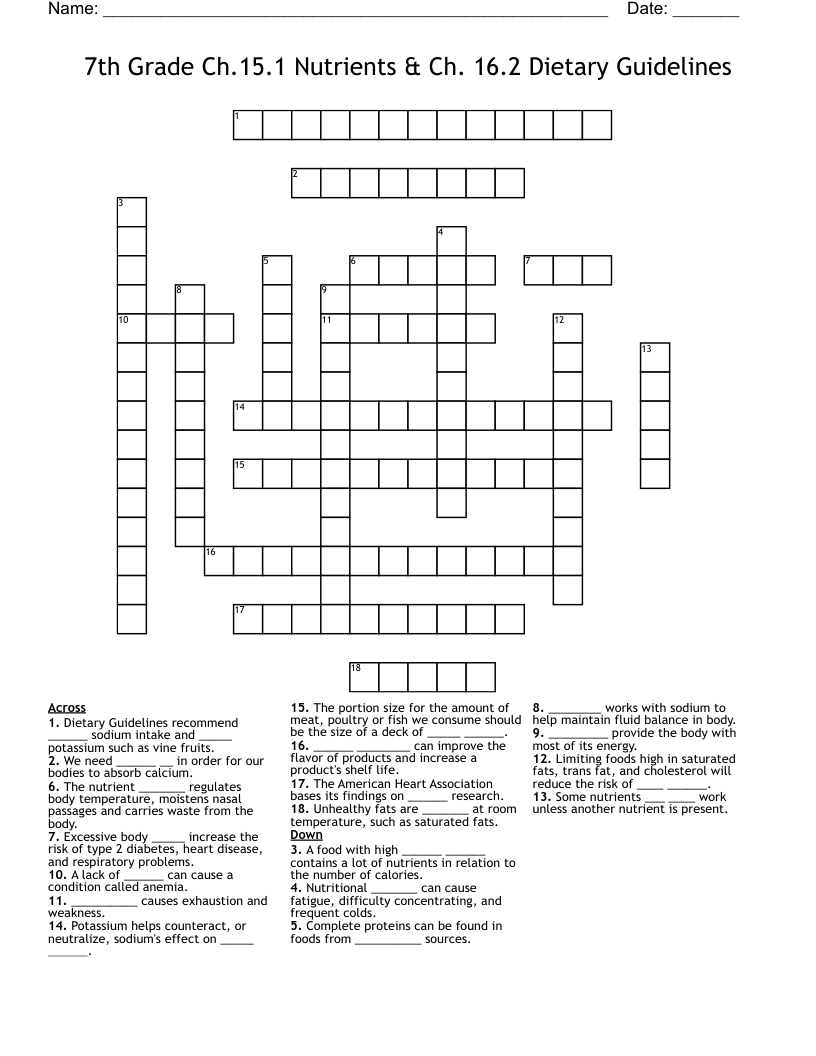 7th Grade Ch.15.1 Nutrients & Ch. 16.2 Dietary Guidelines Crossword WordMint
