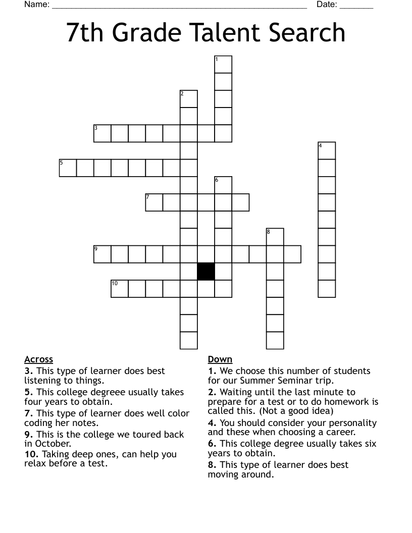 7th Grade Talent Search Crossword WordMint