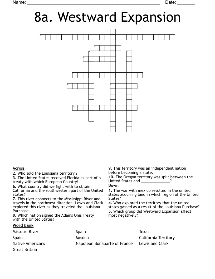 8a. Westward Expansion Crossword WordMint