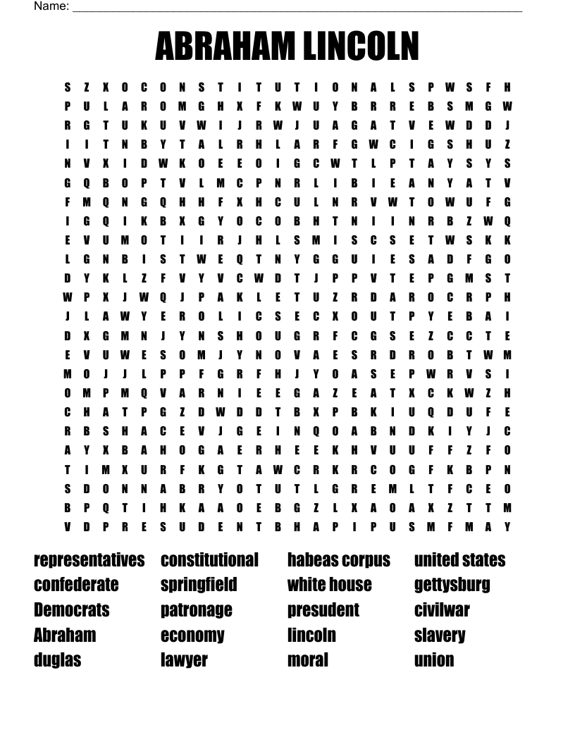 ABRAHAM LINCOLN Word Search - WordMint
