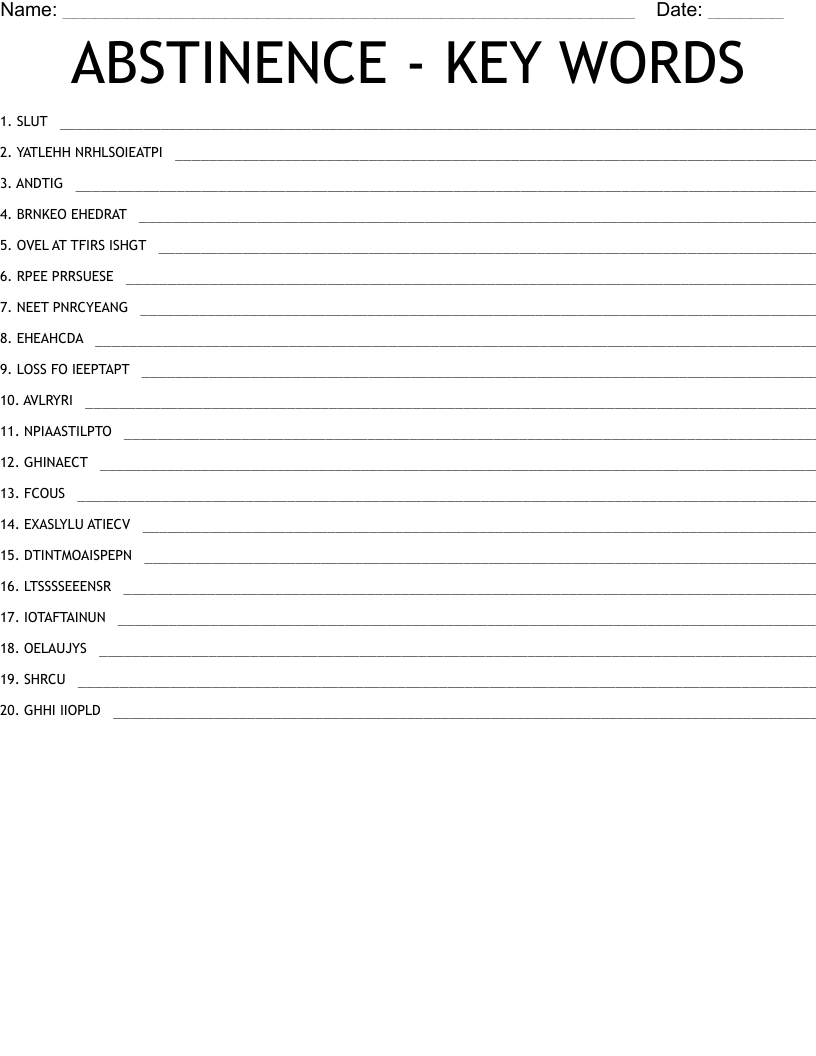 ABSTINENCE KEY WORDS Word Scramble WordMint