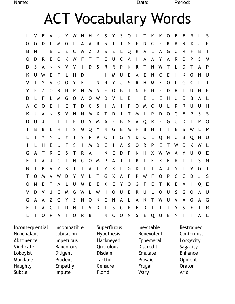 ACT Vocabulary Words Word Search WordMint