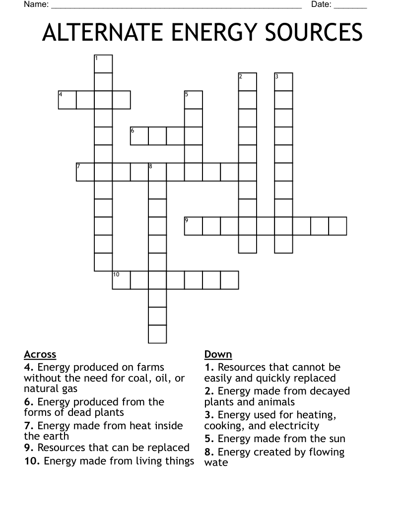 ALTERNATE ENERGY SOURCES Crossword WordMint
