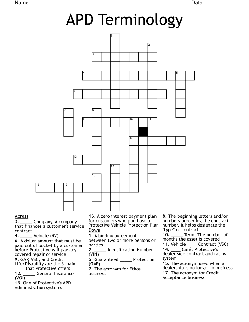 APD Terminology Crossword WordMint