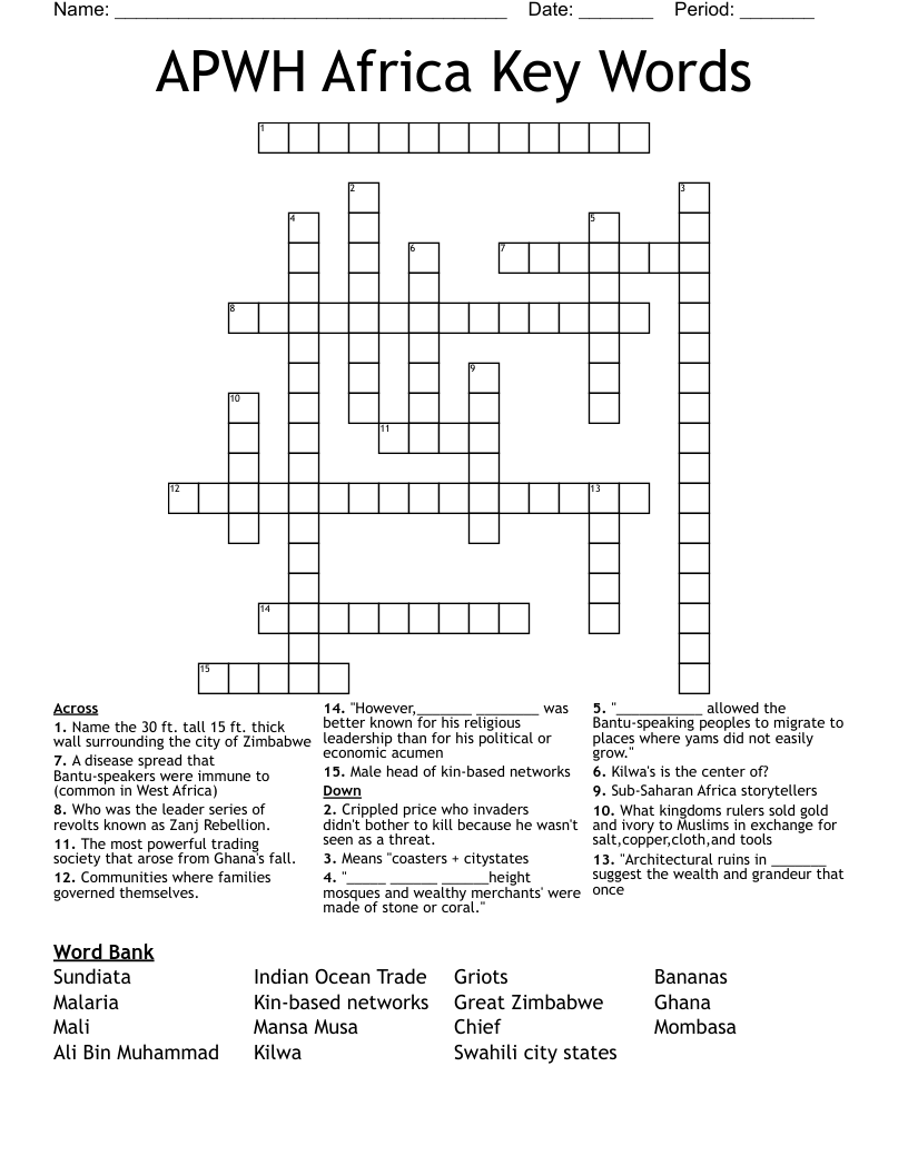 APWH Africa Key Words Crossword WordMint