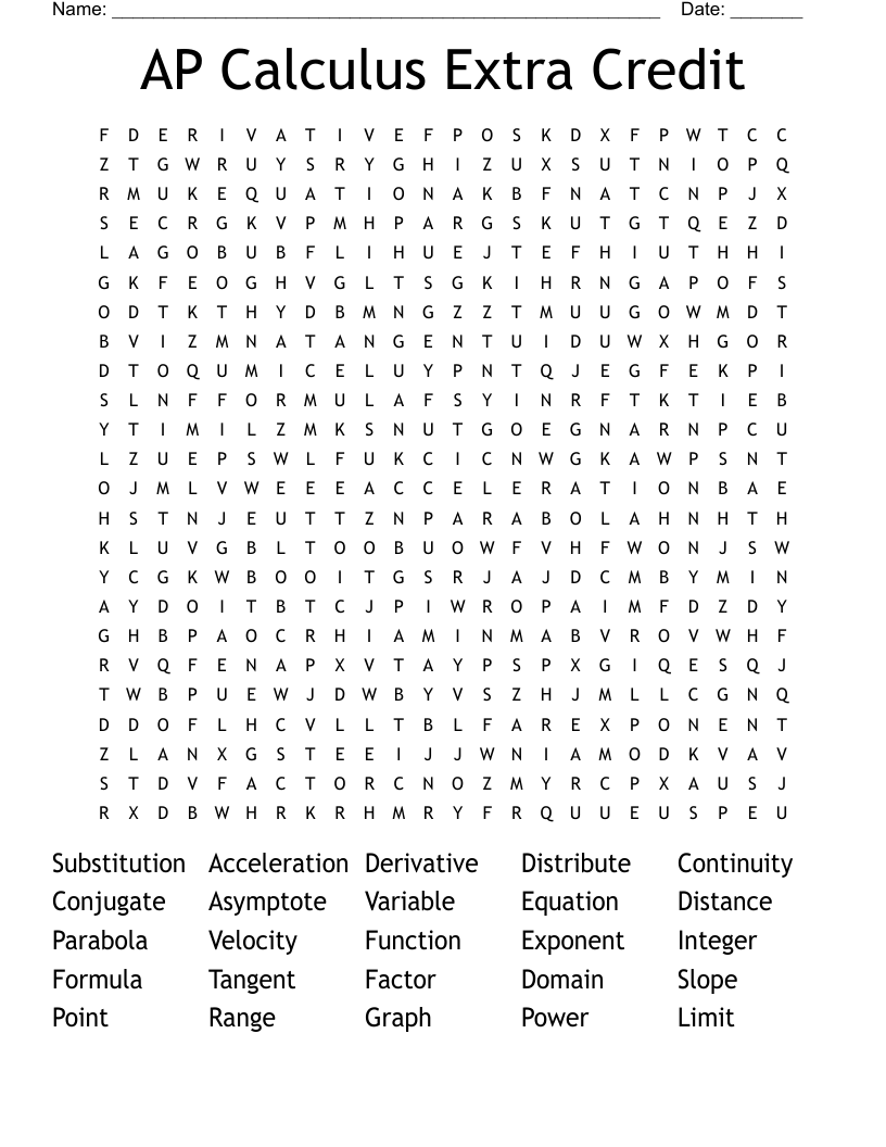 AP Calculus Extra Credit Word Search WordMint