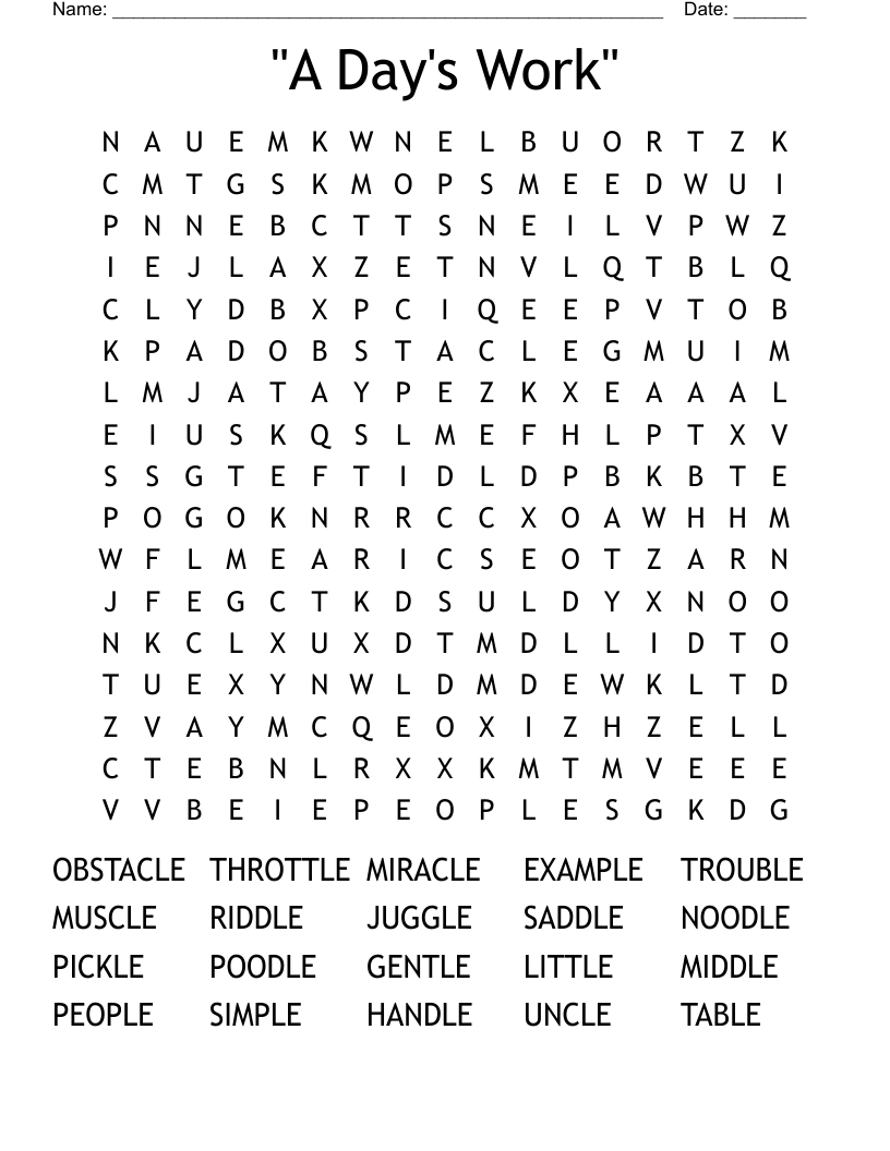 "A Day's Work" Word Search WordMint