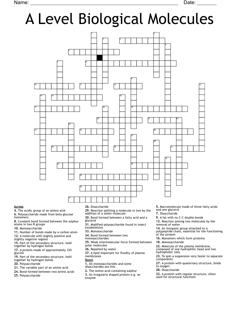 A Level Biological Molecules Crossword WordMint