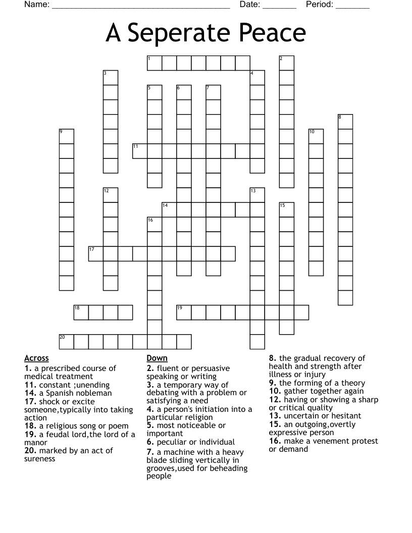 A Seperate Peace Crossword WordMint