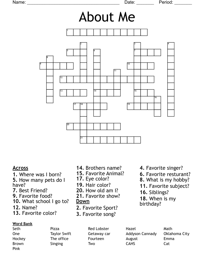 About Me Crossword - WordMint