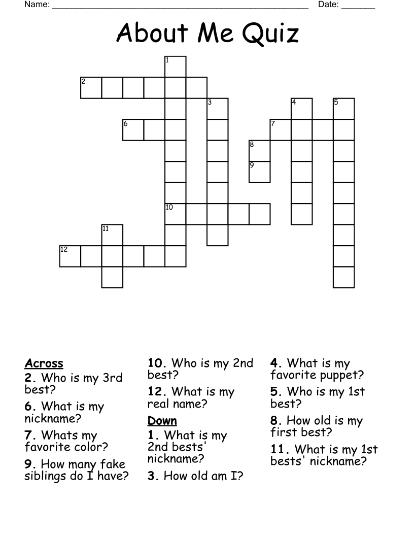 About Me Quiz Crossword - WordMint