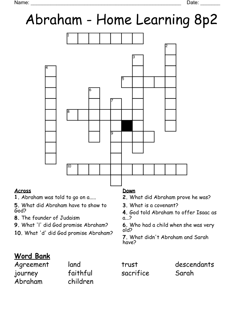 Abraham Home Learning 8p2 Crossword WordMint
