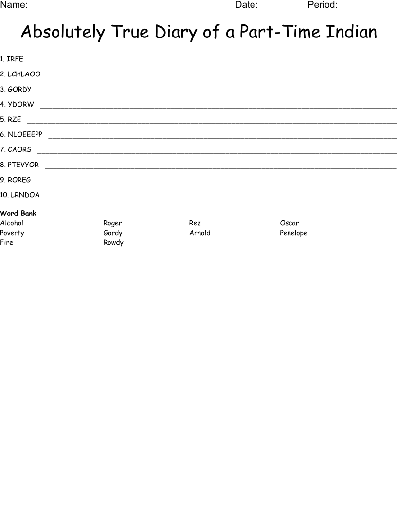 the absolutely true diary of a parttime Indian Word Search WordMint