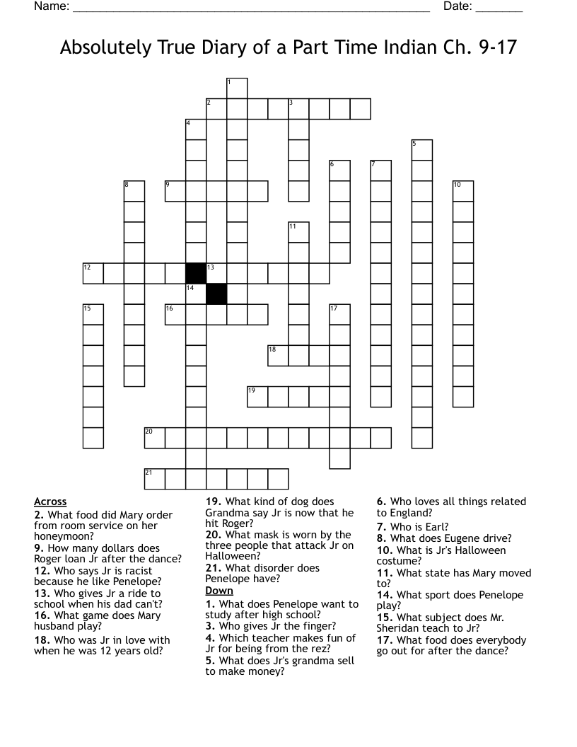 Absolutely True Diary of a Part Time Indian Ch. 917 Crossword WordMint
