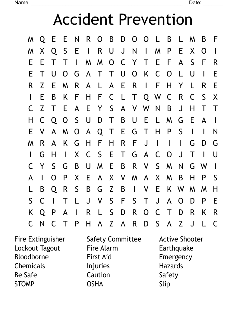 Accident Prevention Word Search WordMint