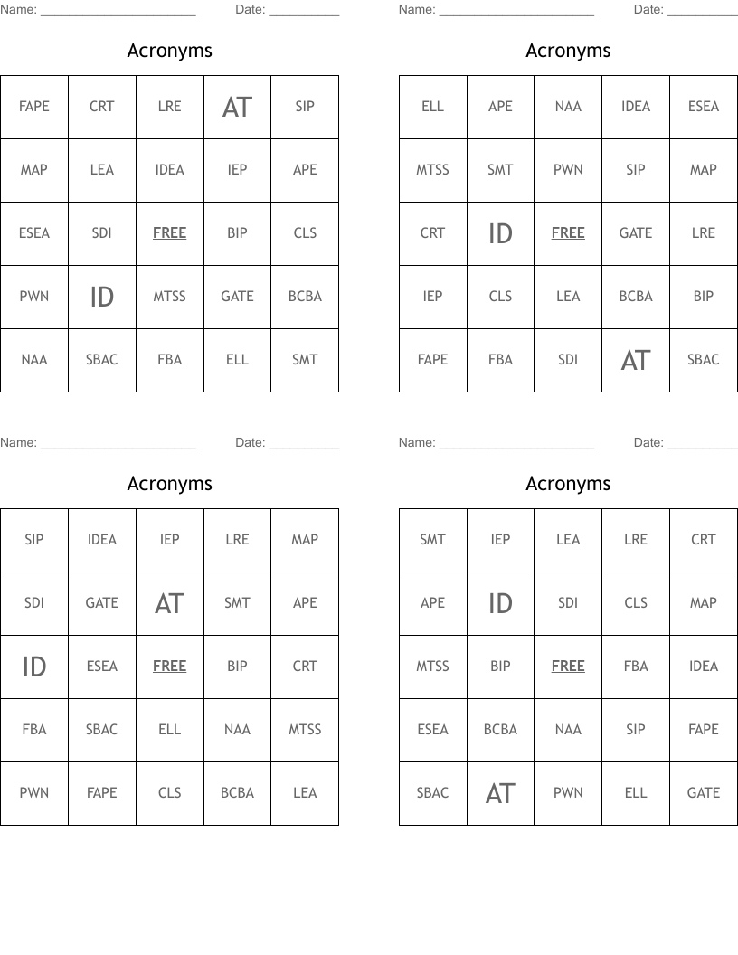 Acronyms Bingo Cards WordMint