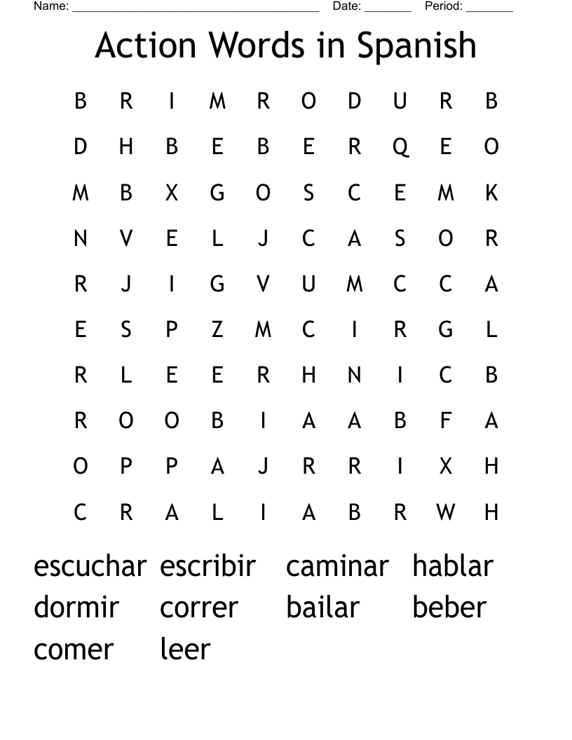 Action Words in Spanish Word Search WordMint