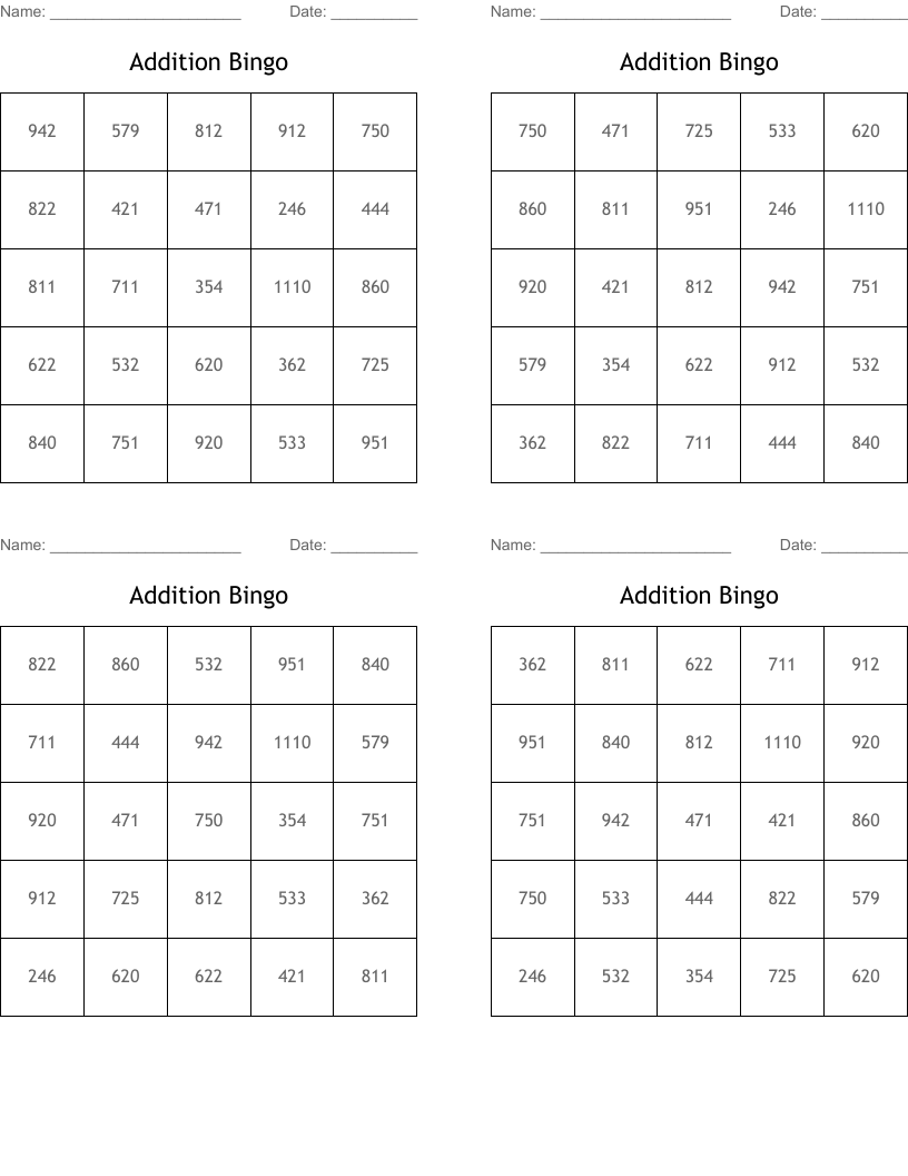 Addition Bingo Printable
