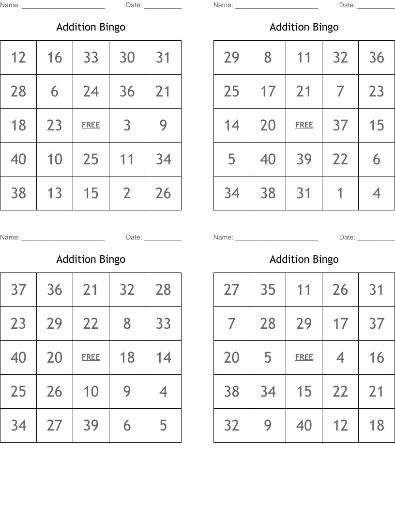Addition Bingo Game Printable