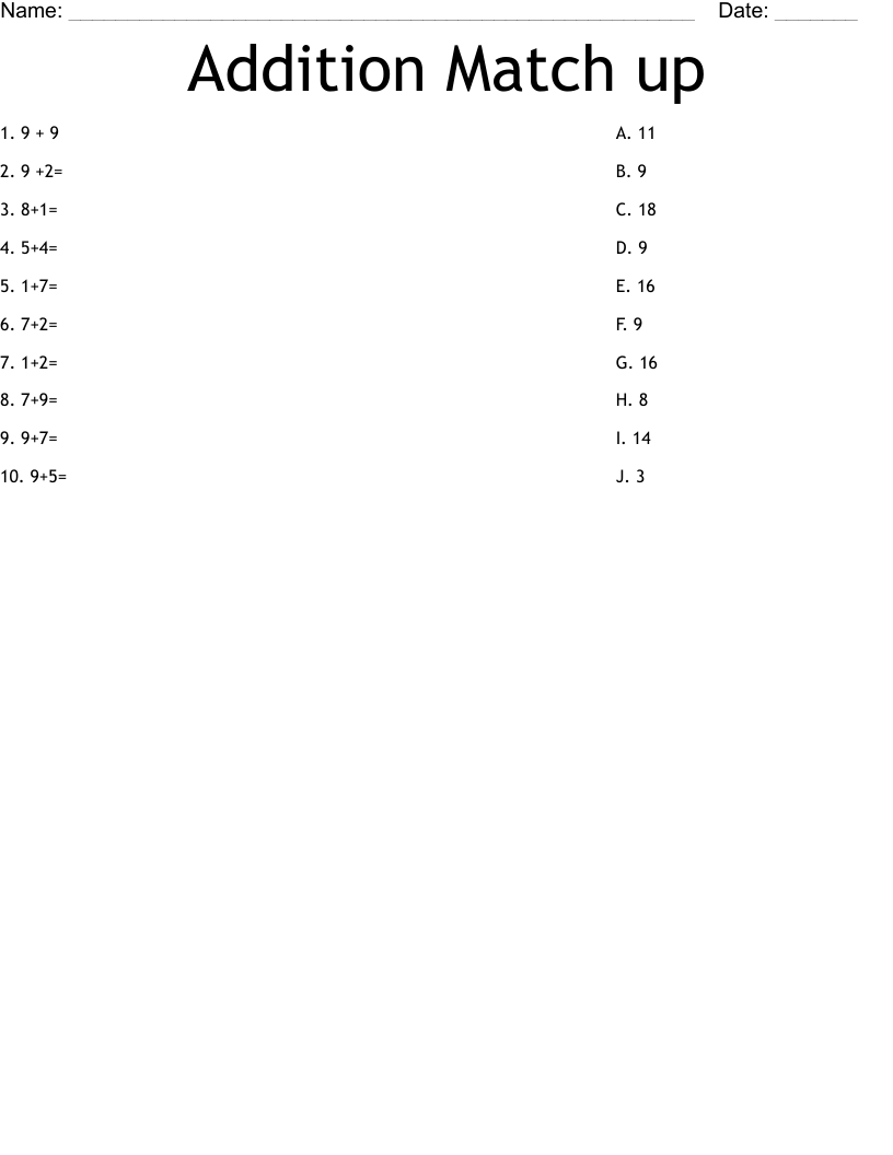 Addition Match up Worksheet WordMint