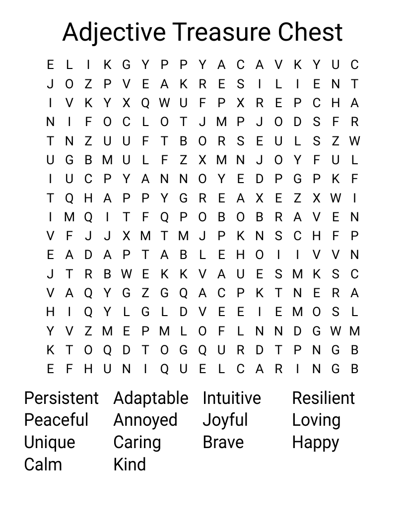 Adjective Treasure Chest Word Search WordMint