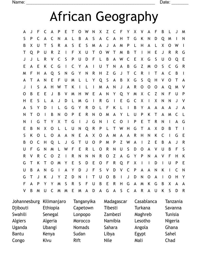 African Geography Word Search WordMint