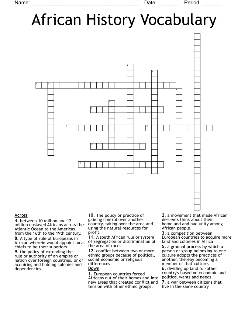 African History Vocabulary Crossword WordMint