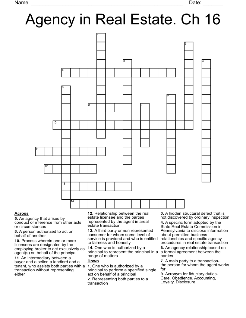 Agency in Real Estate. Ch 16 Crossword WordMint