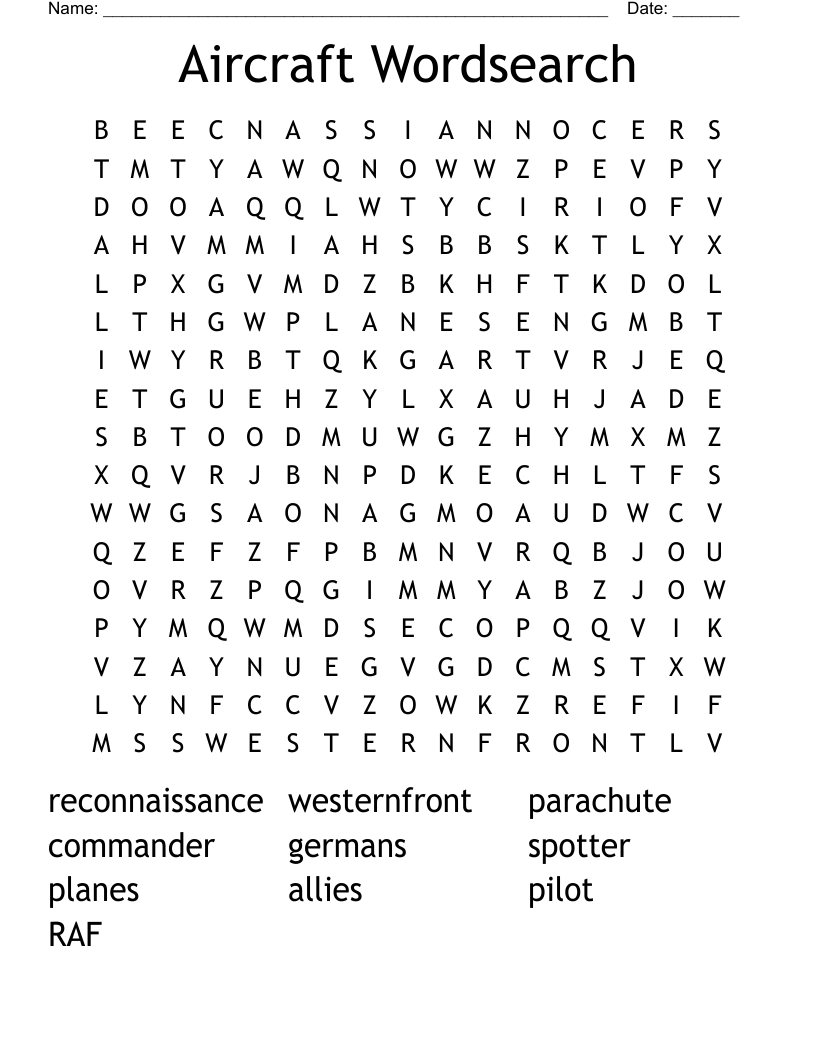 Aircraft Wordsearch WordMint