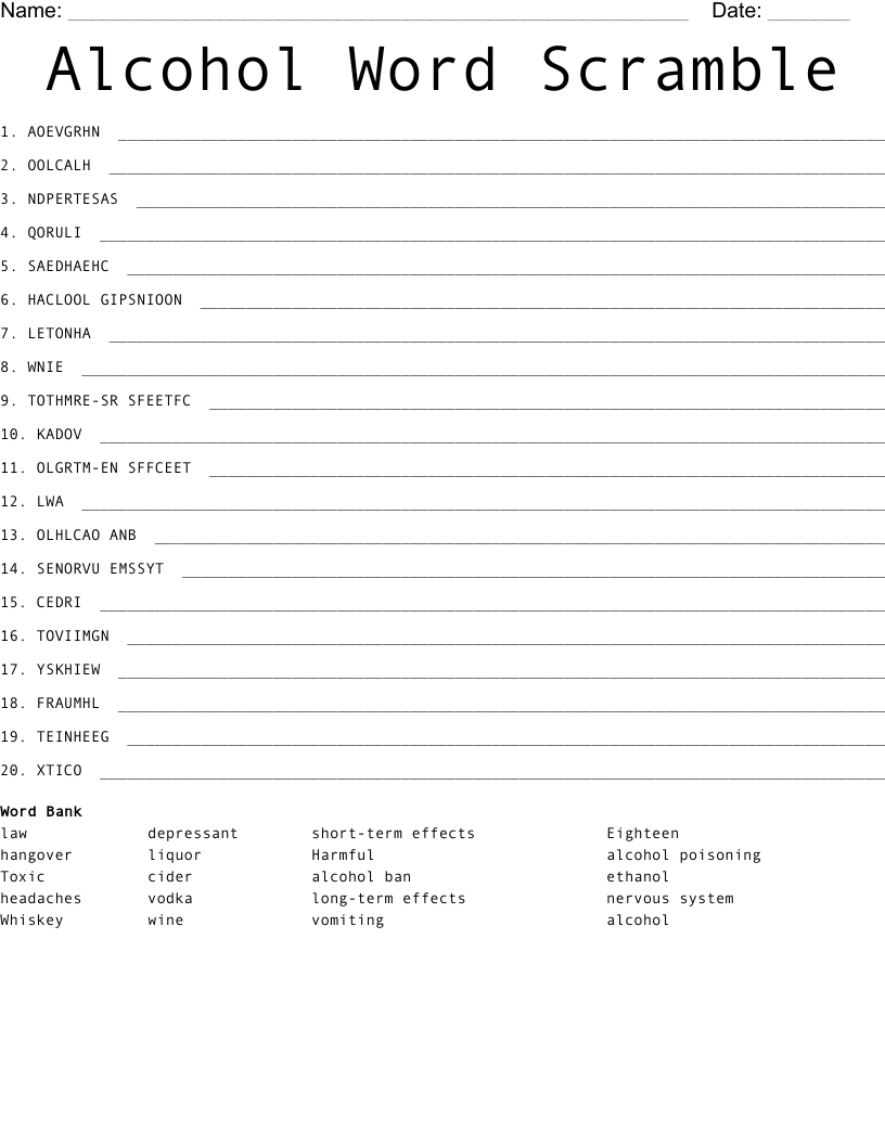 Alcohol Word Search Printable