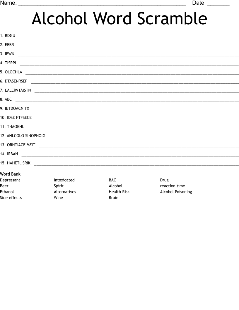 Alcohol Word Scramble WordMint
