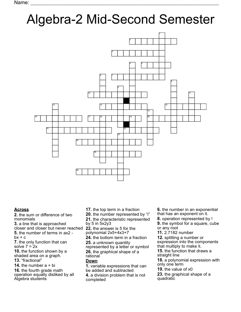 Algebra2 MidSecond Semester Crossword WordMint