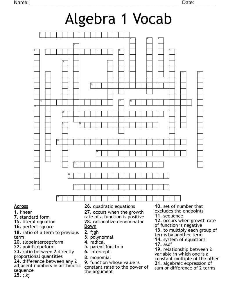 Algebra 1 Vocab Crossword - WordMint