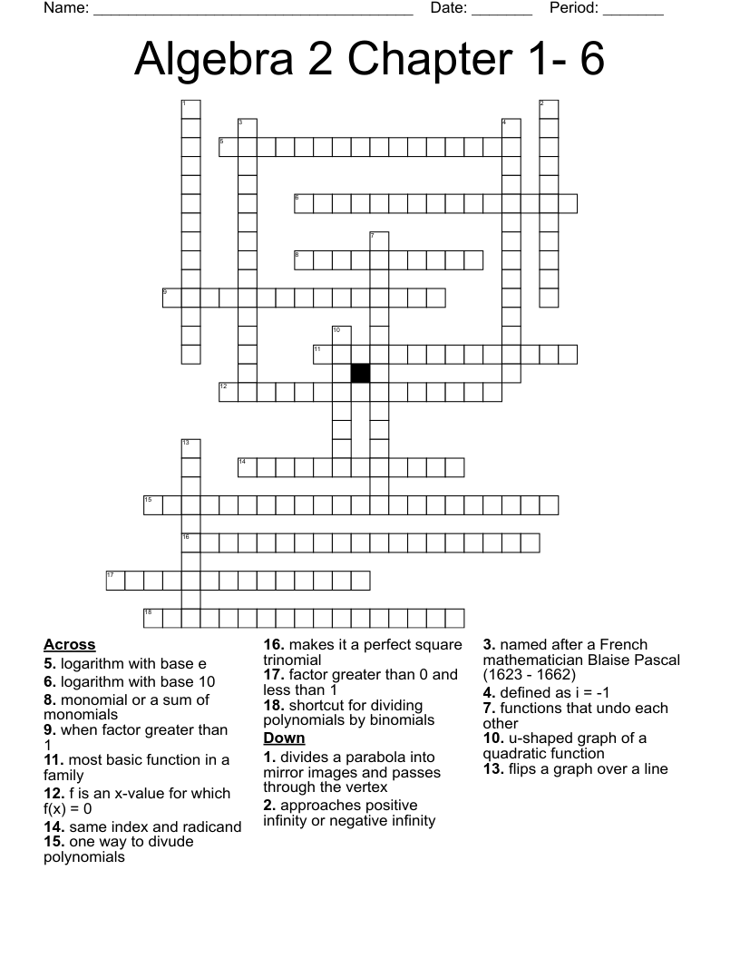 Algebra 2 Chapter 1- 6 Crossword - WordMint