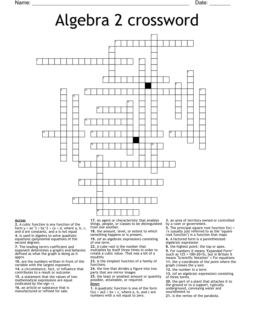 Algebra 2 crossword - WordMint