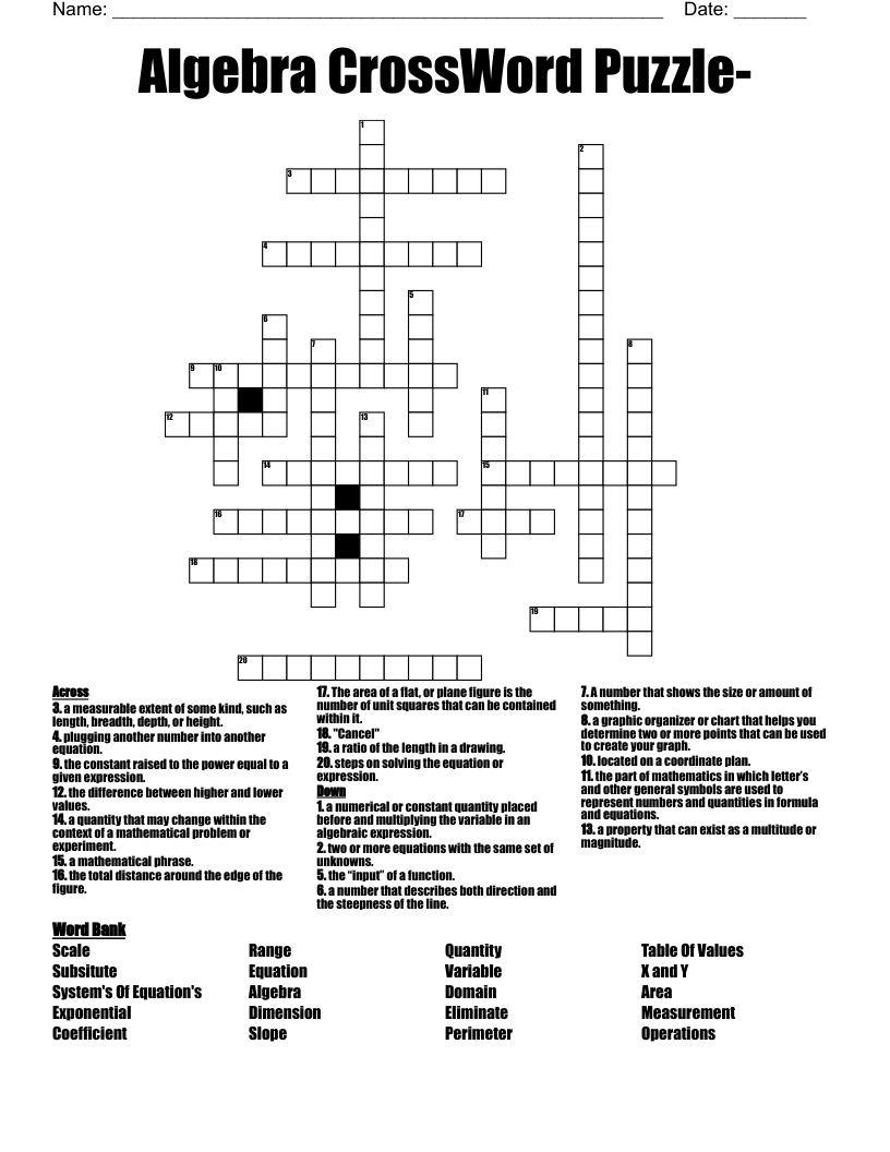 Algebra CrossWord Puzzle- - WordMint