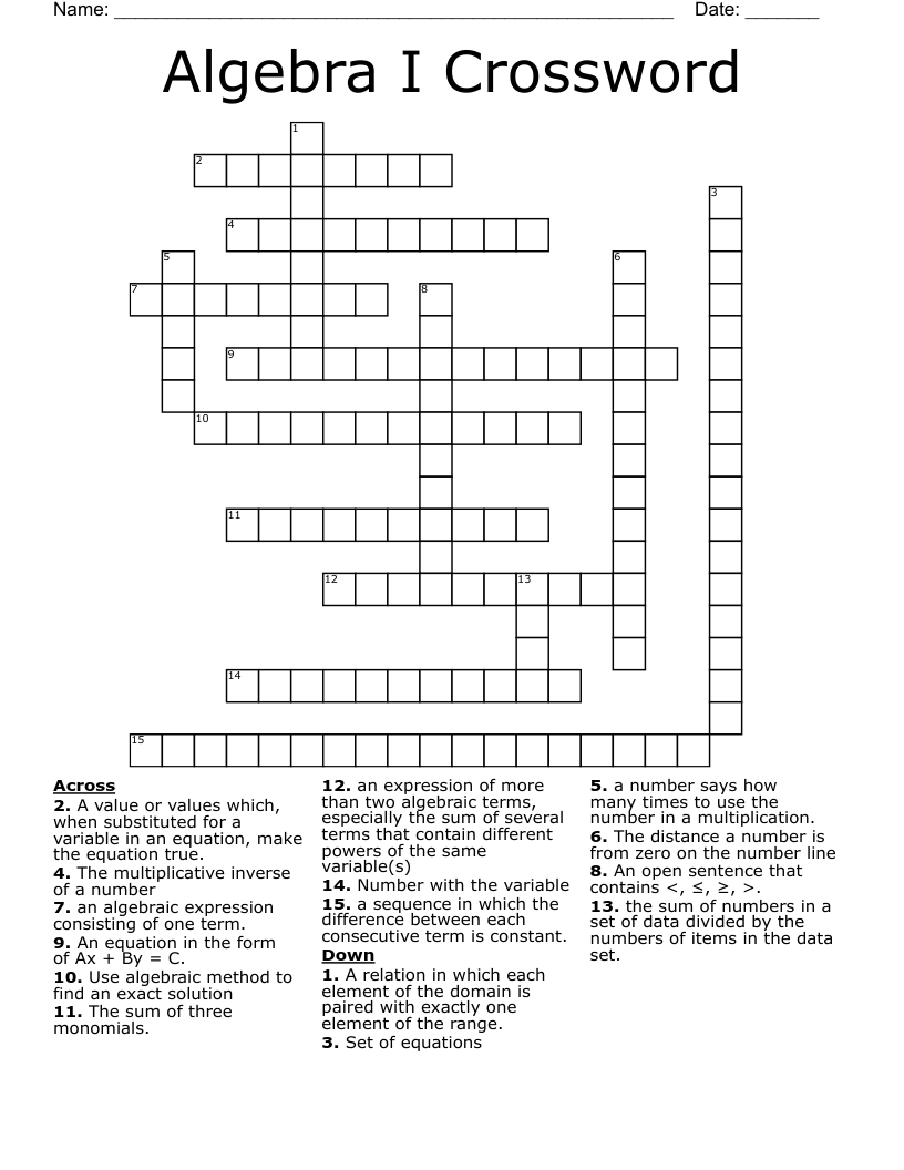 Algebraic Expression Crossword WordMint